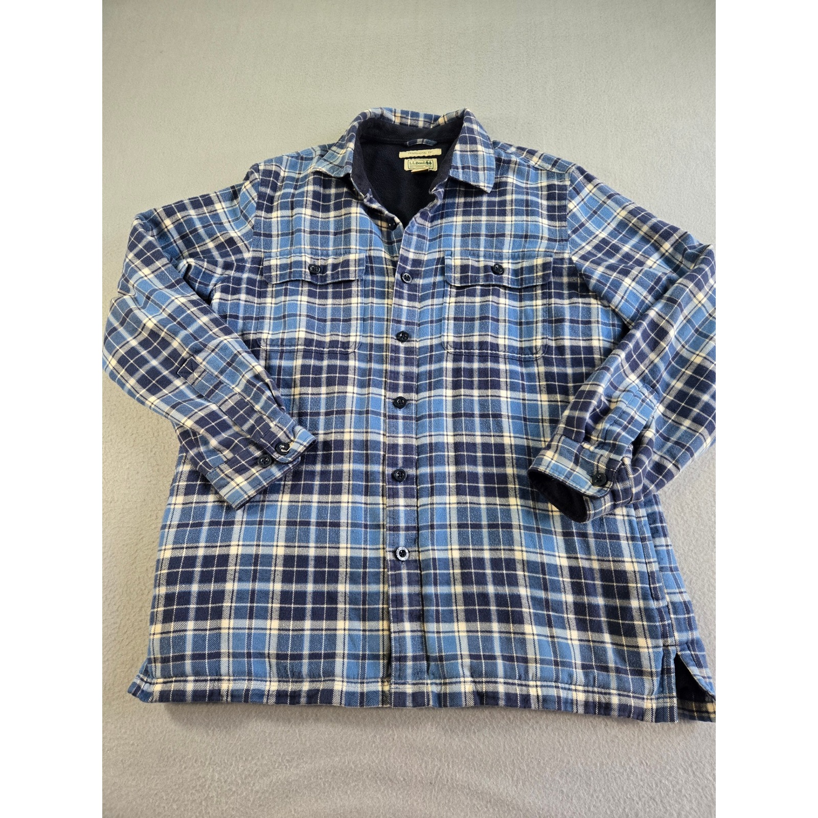 L.L. Bean Fleece Lined Flannel Shirt Jacket Mens M Blue Plaid Traditional Fit